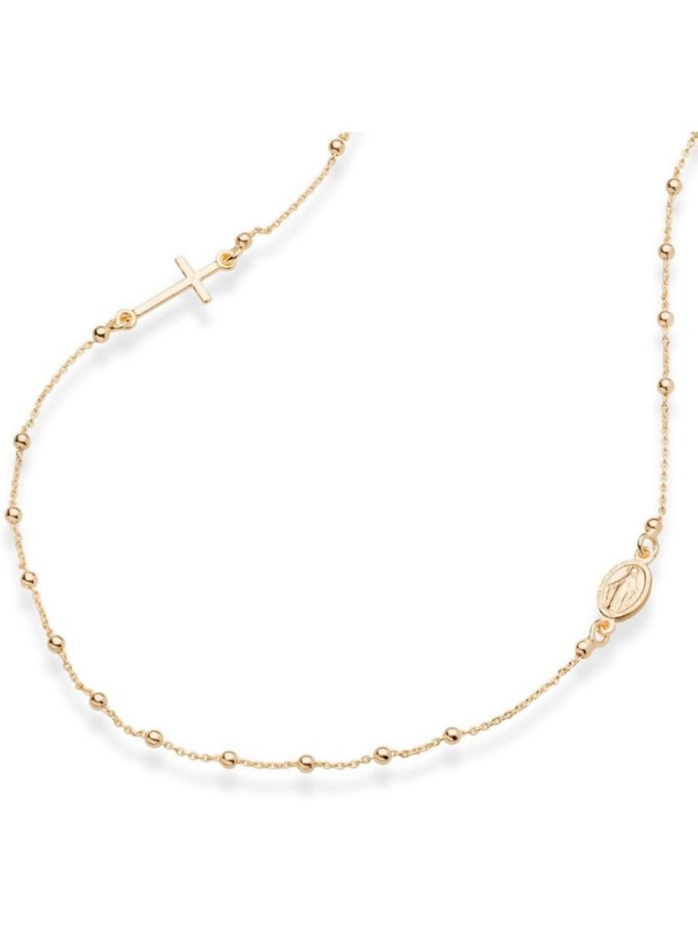 18K Gold Plated Sterling Silver Italian Rosary Beaded Sideways Cross Necklace
